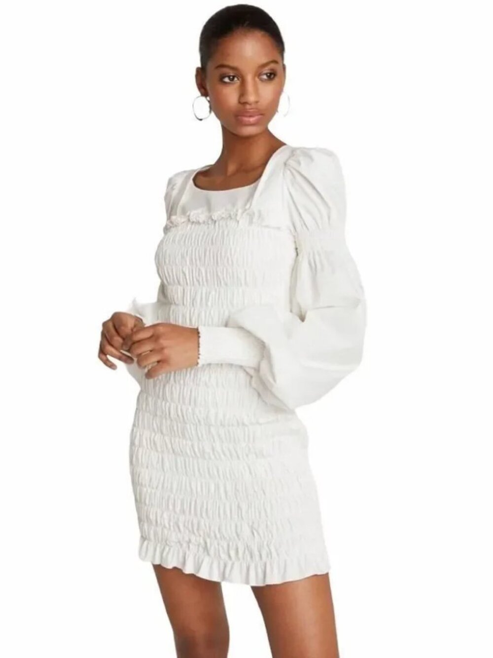 CHOOSY‎ White Smocked Charlotte Long Sleeve Bodycon Dress